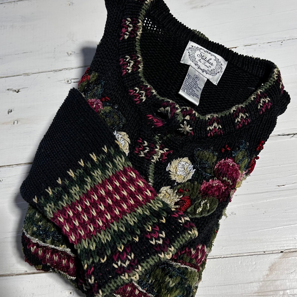 Stitches In Time Vintage‎ Christmas Cardigan Black Floral Tree Beaded Mens M